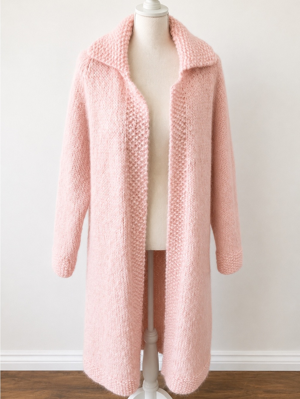 Aletha Gray Hand-Knit Blush Pink Longline Open-Front Cardigan Sweater
